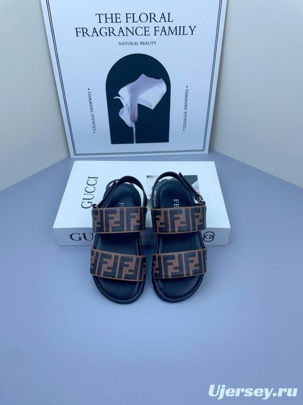 2025 Kids Fendi Brown Black Leather Sandals