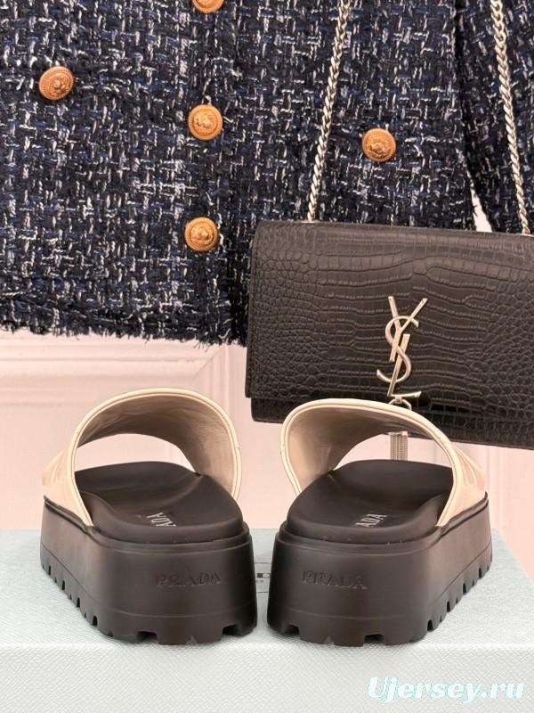 2025 Women Prada Beige Leather Platform Sandals