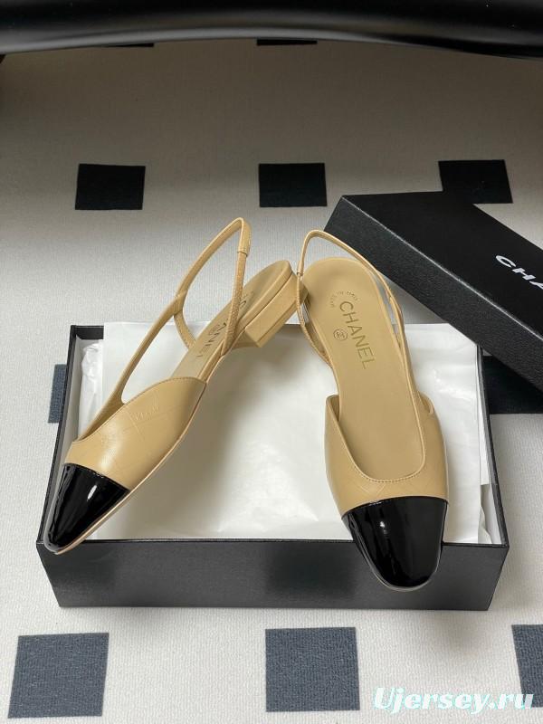 2025 Women Chanel Beige Black Leather Sling-back Flat Heel