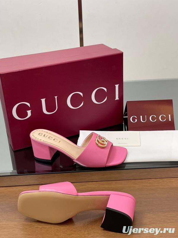 2025 Women Gucci Pink Lambskin Mid Heel Crystal GG Buckle Slide LY00280