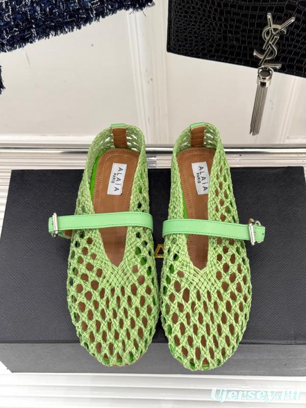2025 Women AlAIA Green Leather Mesh Mary Jane