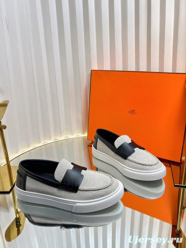 2025 Unisex Hermès Black White Leather Fabric Loafers LY00310(F)/LY00320(M)
