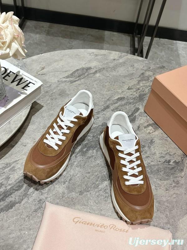 2025 Unisex Gianvito Rossi Brown White Leather Suede Mesh Sneakers KFY00340