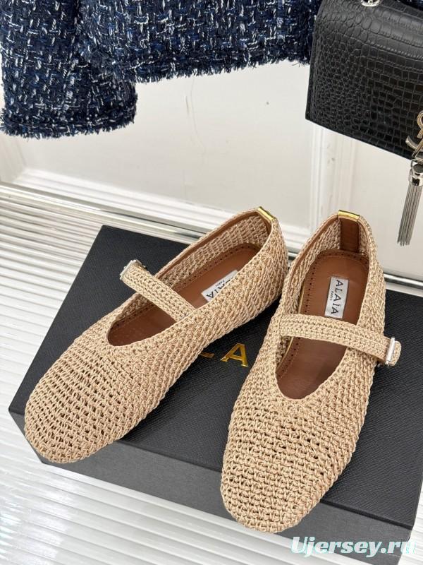 2025 Women AlAIA Beige Woven Leather Mary Jane Shoes
