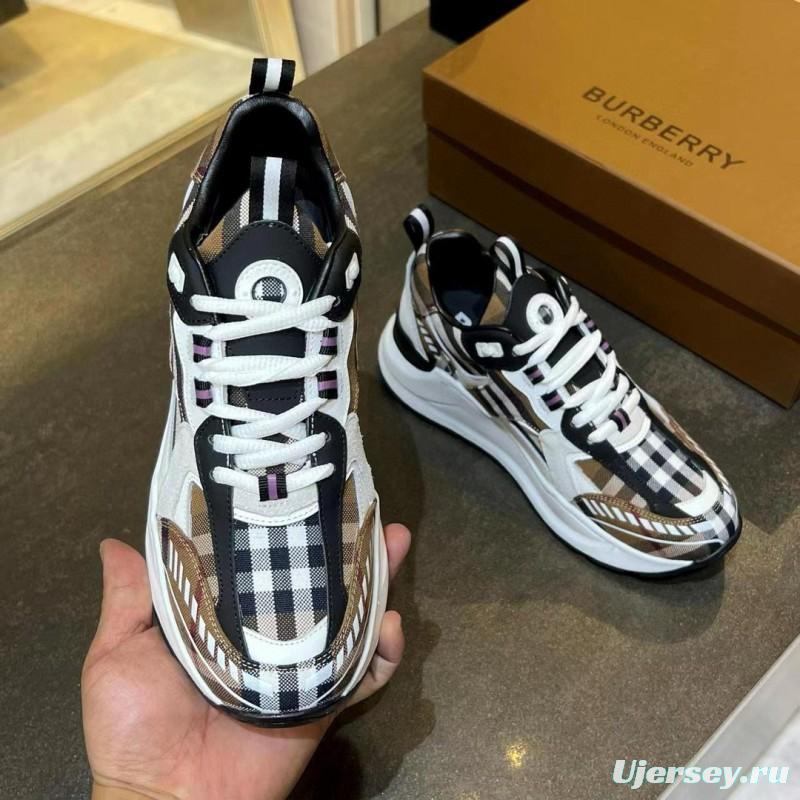 2025 Unisex Burberry Brown White Black Cotton Calfskin Suede Sneakers Check MJ00380(W/M)