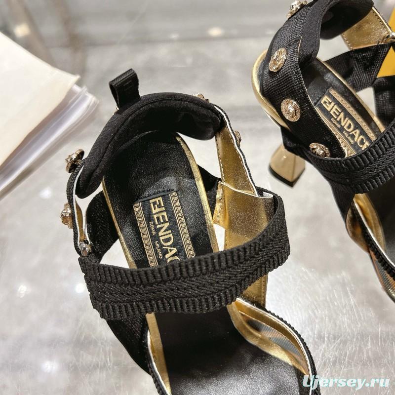 2025 Women Fendi Brown Black Leather Mesh High Heels MJ00280