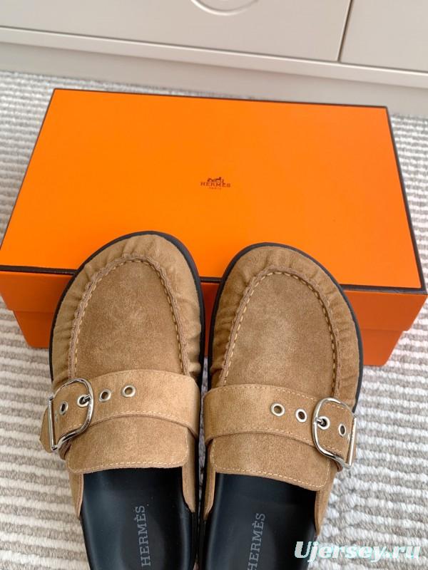 2025 Women Hermès Deep Brown Suede Mule Buckle KFY00290