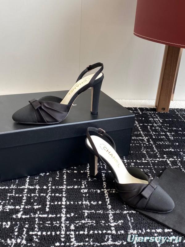 2025 Women Chanel Black Satin Leather High Heels Bow Slingback KFY00289