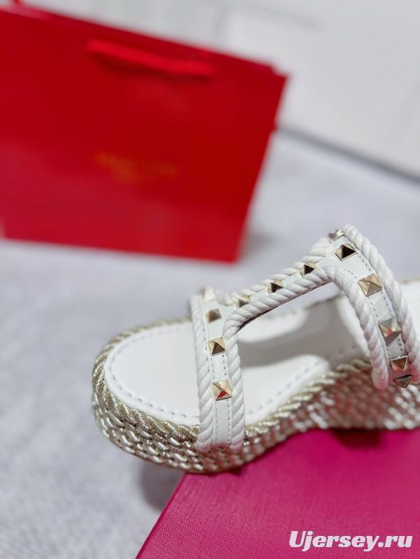 2025 Women Valentino White Leather Wedge Sandals Studs LY00290
