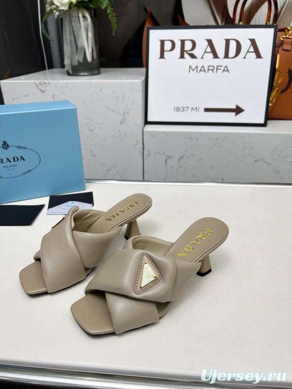 2025 Women Prada Beige Leather Mule Triangle Logo LY00270