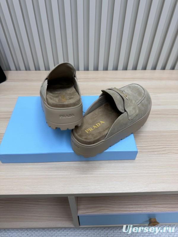 2025 Women Prada Khaki Suede Platform Loafers
