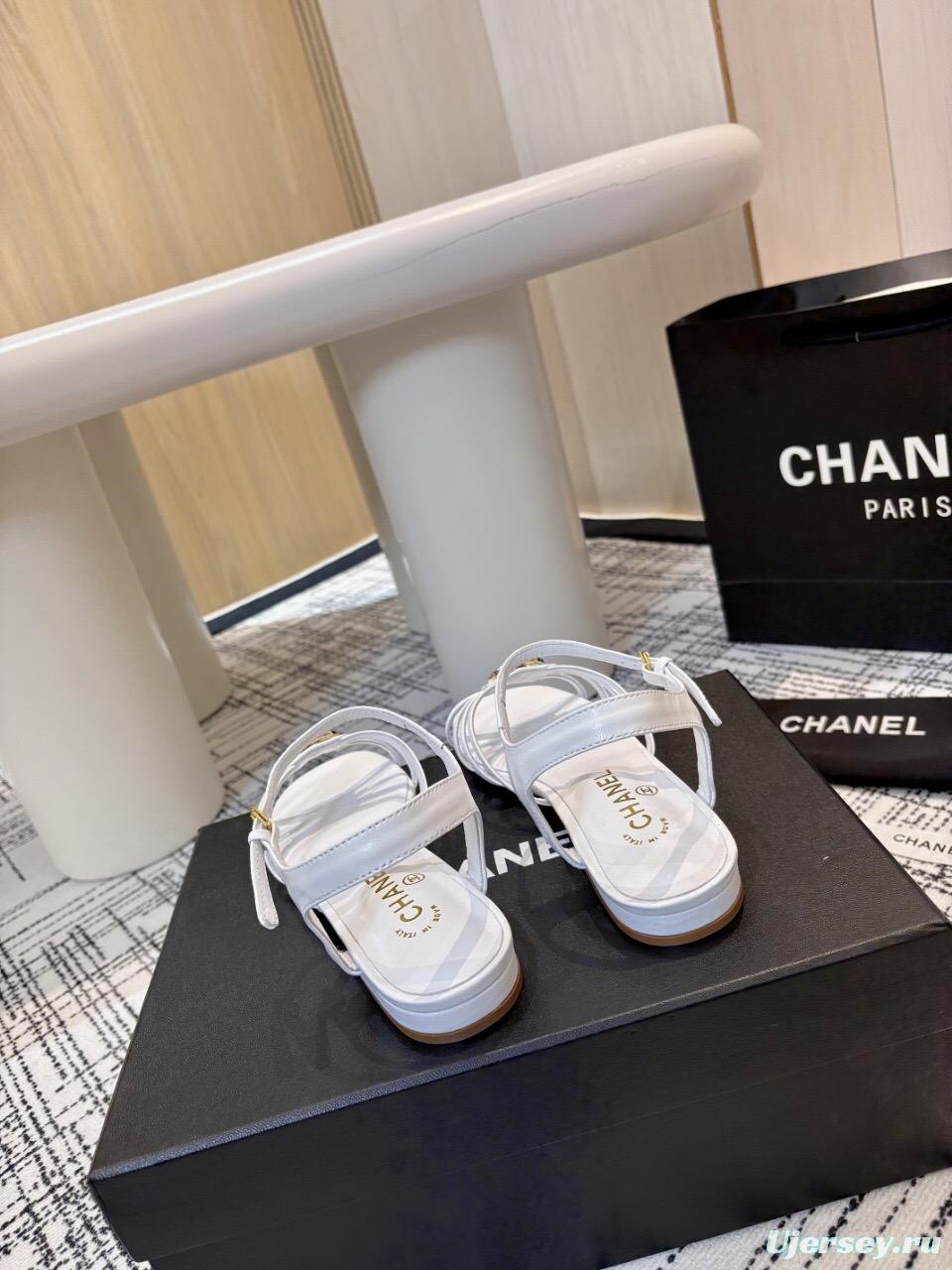2025 Women Chanel White Leather Sandals LY00270