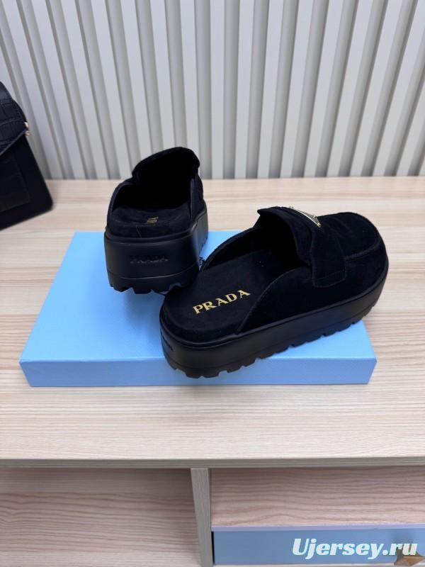 2025 Women Prada Black Suede Loafers Slip-On KFY00280