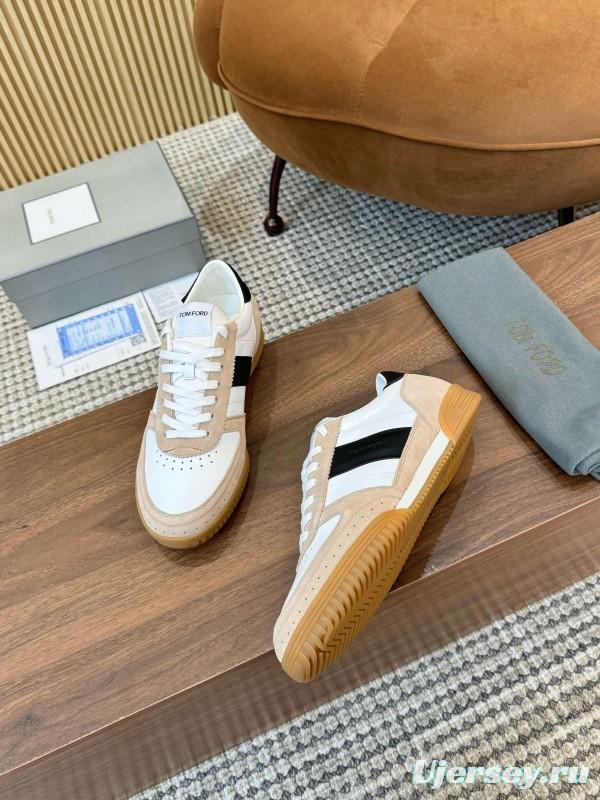 2025 Unisex TOM FORD White Black Beige Leather Suede Sneakers LY00360