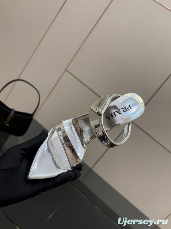 2025 Women Prada Silver Leather Pointed Toe Sandals