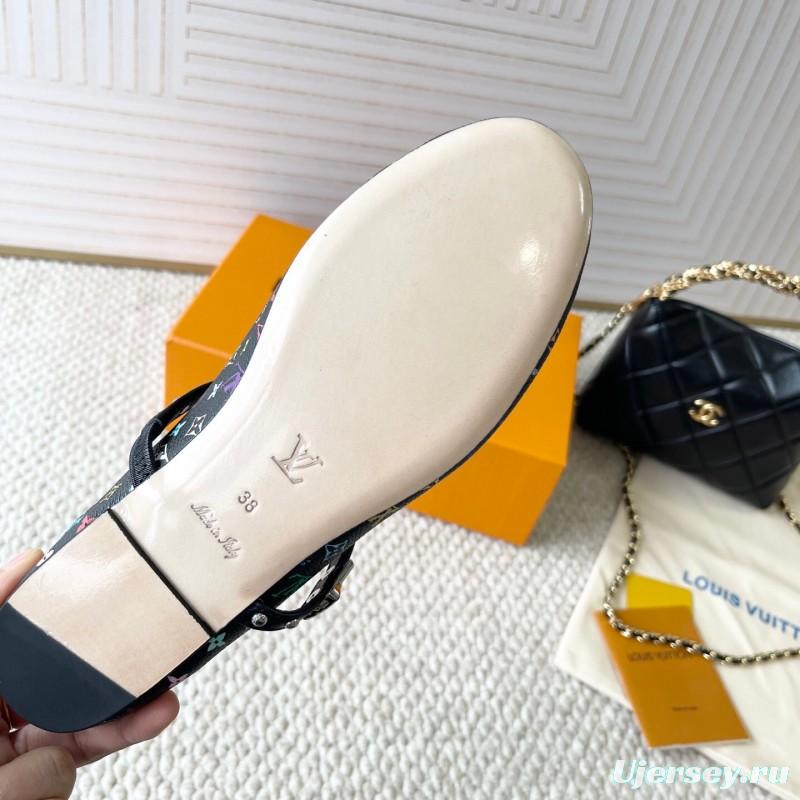 2025 Women Louis Vuitton Black Multicolor Leather Ballet Flats KFY00300
