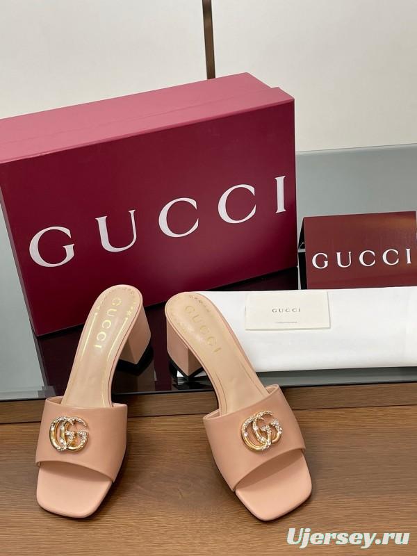 2025 Women Gucci Pink Leather Slippers GG Crystal Buckle LY00280