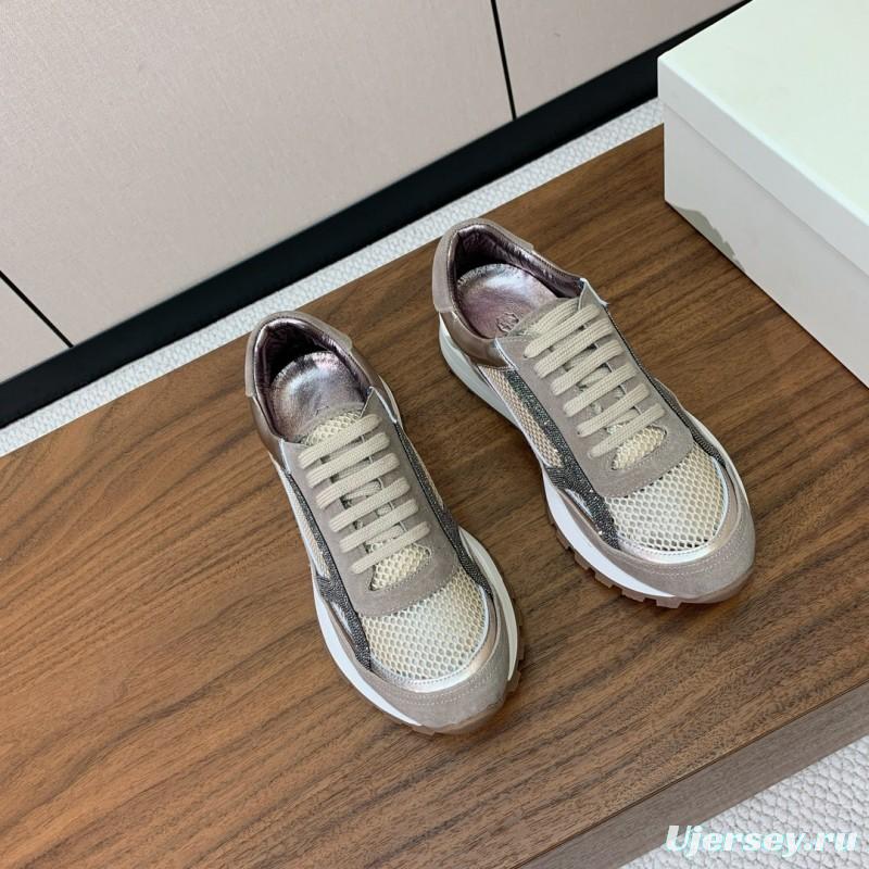 2025 Women Brunello Cucinelli Beige Brown Mesh Leather Sneakers
