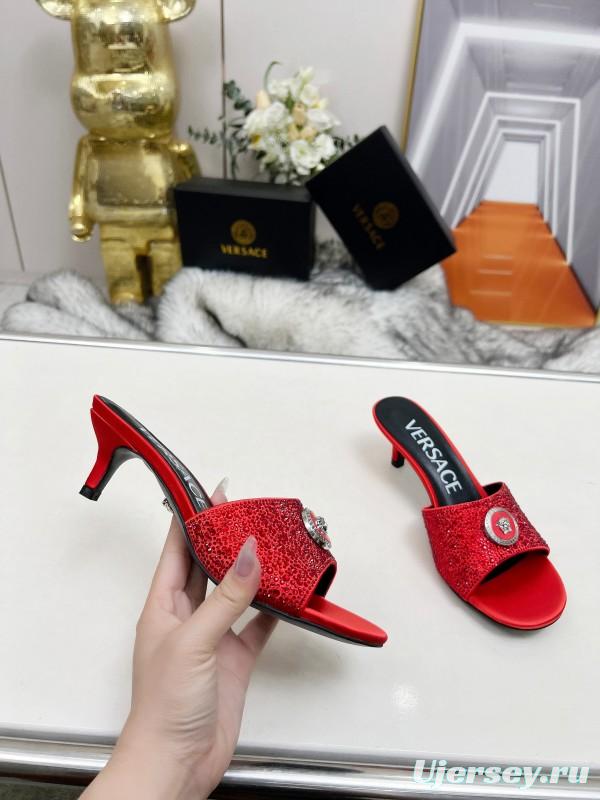 2025 Women VERSACE Red Silk Rhinestone Kitten Heel MJ00230