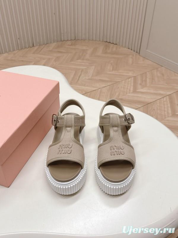 2025 Women Miu Miu Beige Canvas Sandals Buckle LY00360