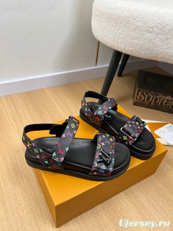 2025 Women Louis Vuitton Black Multicolor Canvas Sandals