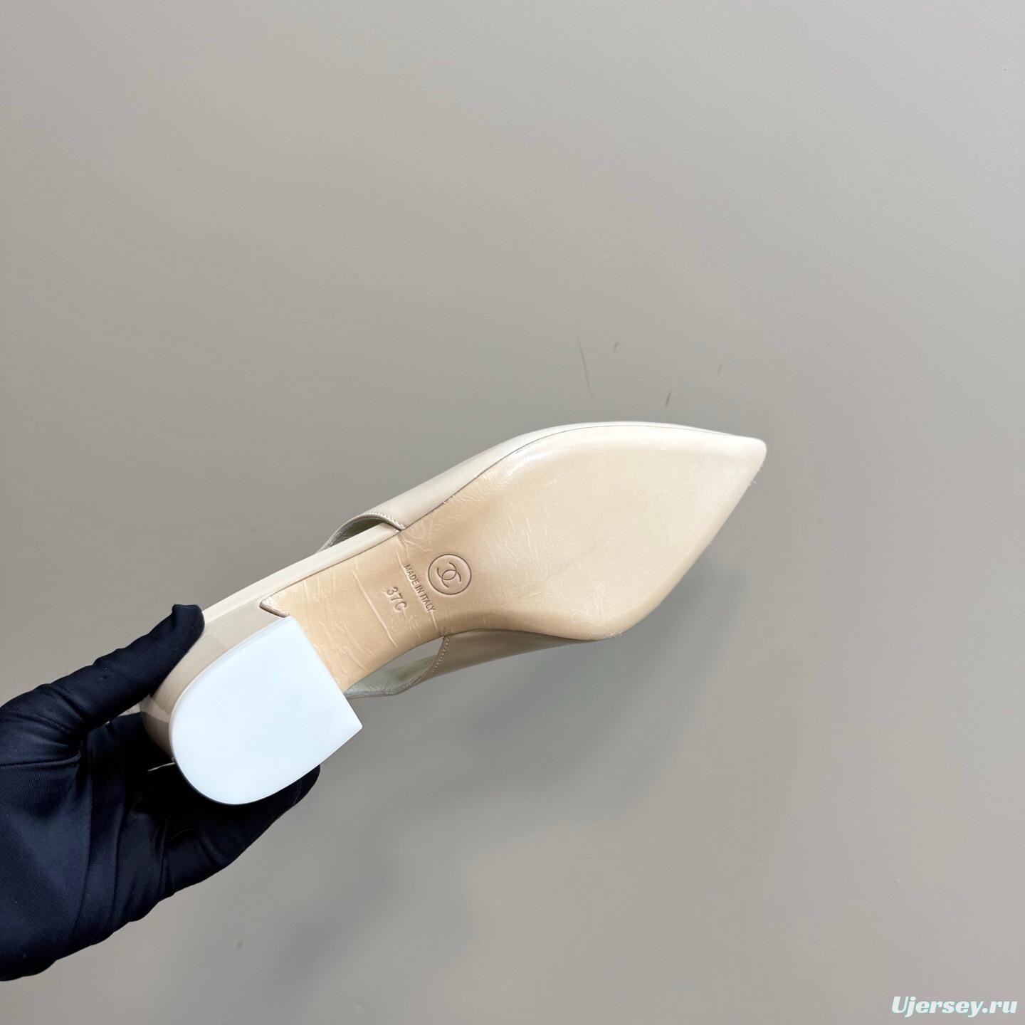 2025 Women Chanel Beige Patent Leather Slingback Heels