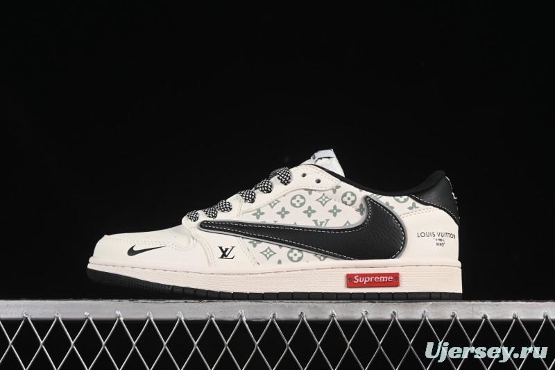 Nike Travis Scott x Fragment Design x Air Jordan 1 Low OG SP AJ1 Low Top Casual Sneakers with Metallic Black Swoosh - YX5066-335