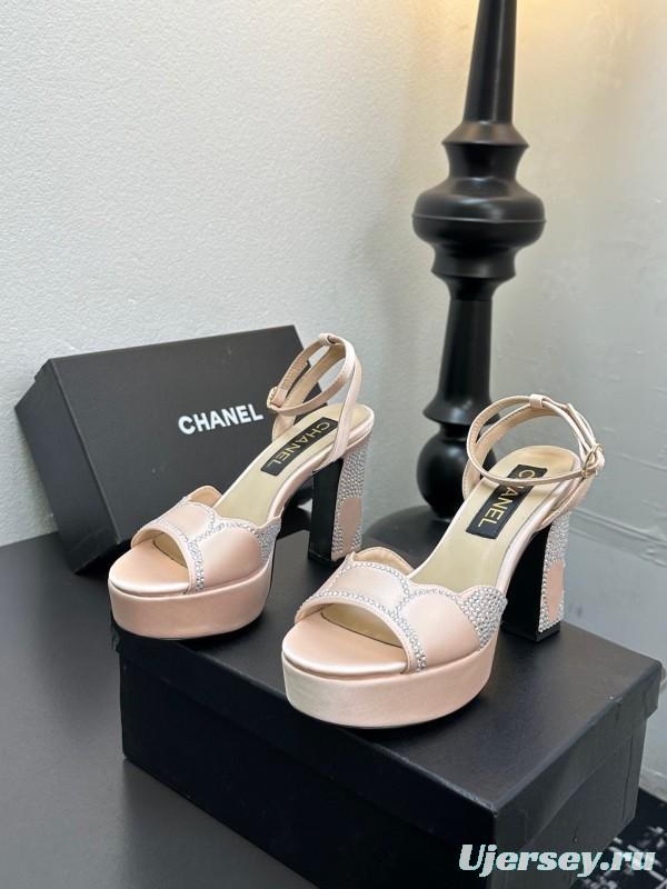 2025 Women Chanel Pink Satin Rhinestone Platform Sandals KFY00320