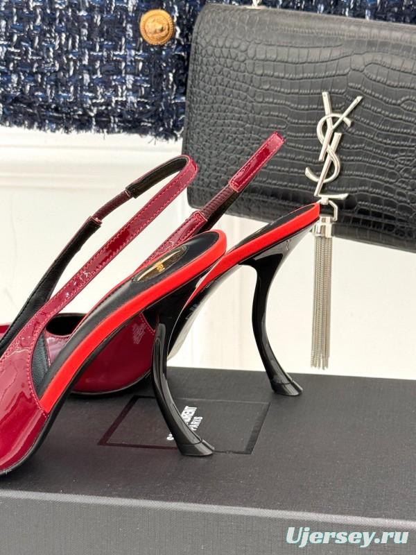 2025 Women Yves Saint Laurent Burgundy Patent Leather Slingback Heels