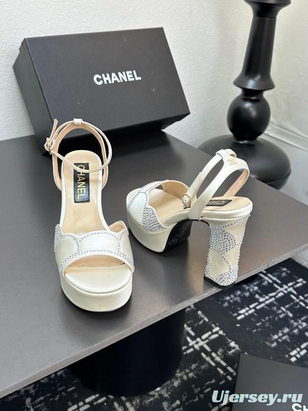 2025 Women Chanel White Leather Platform Sandals Beaded LY00320
