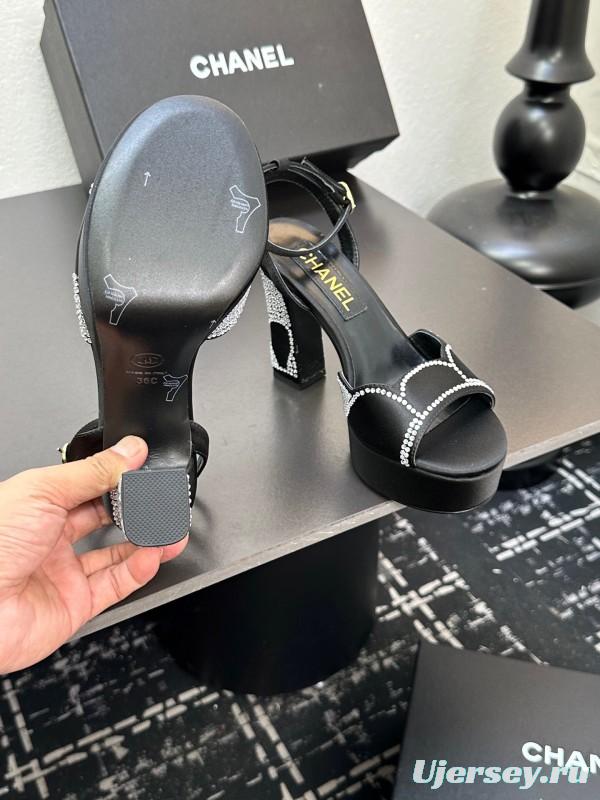 2025 Women Chanel Black Fabric Leather Rhinestone Platform Sandals KFY00320