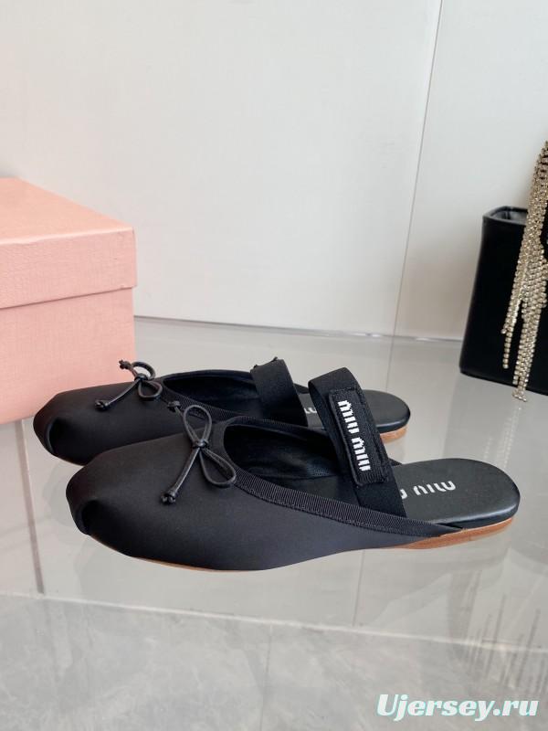 2025 Women Miu Miu Black Nylon Ballet Flats LY00380
