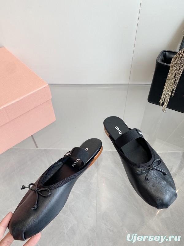 2025 Women Miu Miu Black Leather Ballet Flat Elastic Band