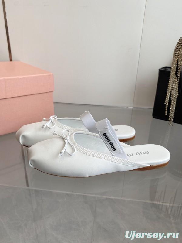 2025 Women Miumiu White Satin Ballet Flats Elastic Band KFY00280