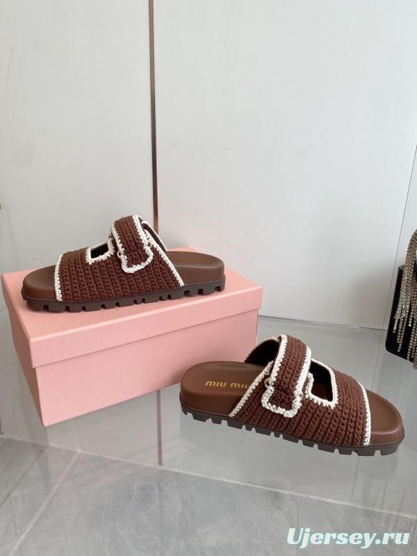 2025 Miu Miu Brown White Crochet Slippers KFY00290
