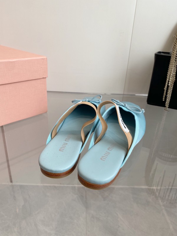 2025 Women Miu Miu Light Blue Satin Slip-On Ballet Flats KFY00280