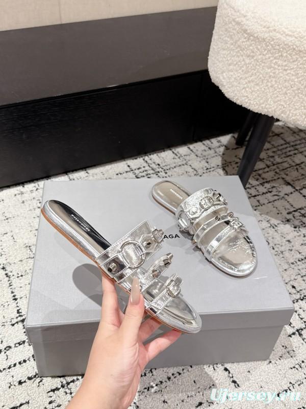 2025 Slippers Balenciaga Silver Leather Metal Buckle KFY00289