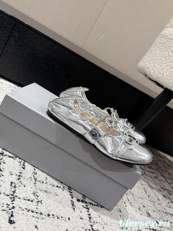 2025 Women BALENCIAGA Silver Leather Ballet Flats Metal Buckle KFY00300