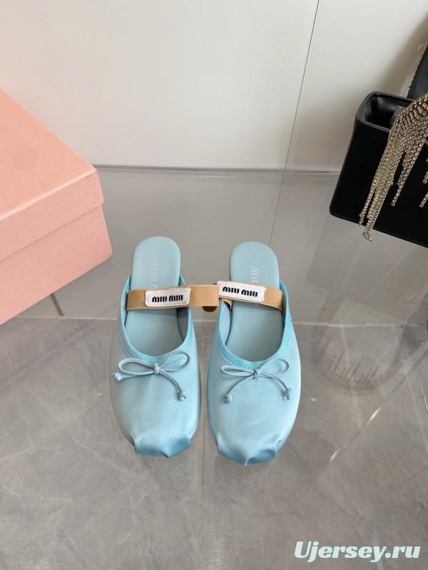 2025 Women Miu Miu Light Blue Satin Slip-On Ballet Flats KFY00280