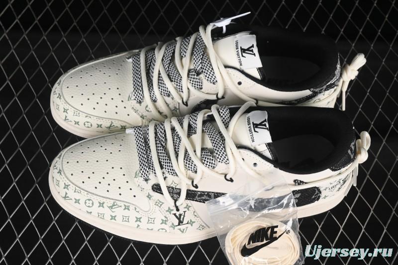 Nike Travis Scott x Fragment Design x Air Jordan 1 Low OG SP Black Print Drawstring Low-Top Casual Sneakers - YX5066-325