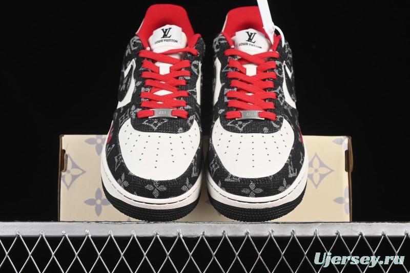 Nike Air Force 1 '07 Low LV Collaboration Black Denim Red Swoosh Casual Sneakers - LW9279-001