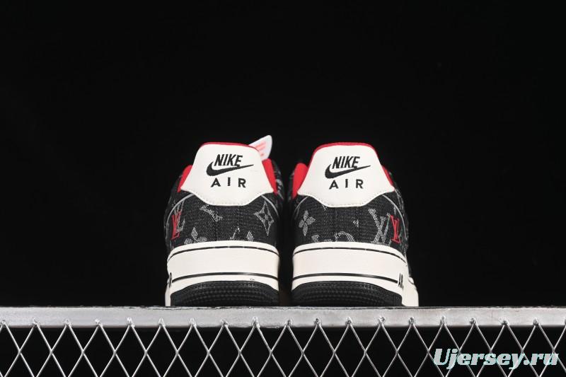 Nike Air Force 1 '07 Low LV Collaboration Black Denim Red Swoosh Casual Sneakers - LW9279-001