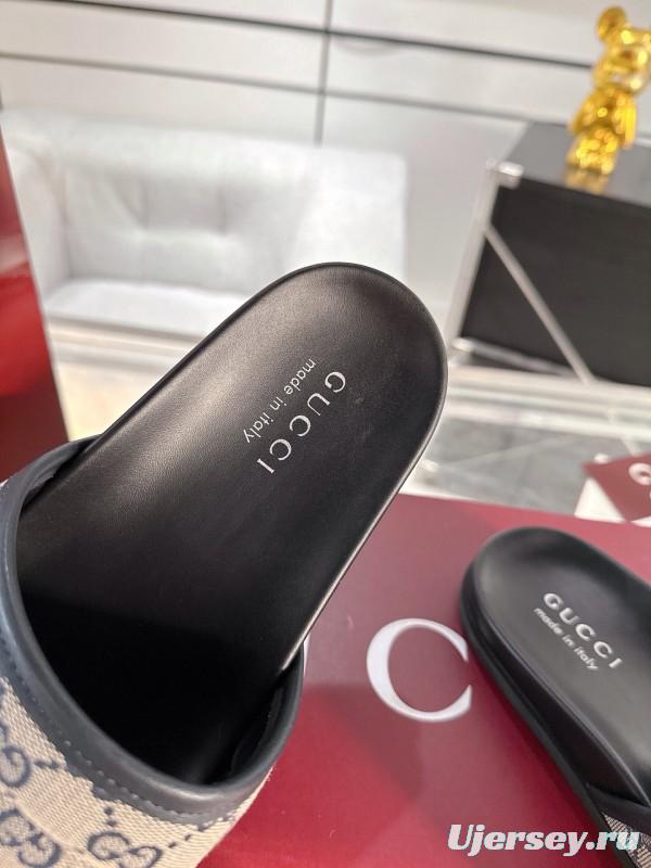 2025 Unisex Gucci Black Grey Fabric Slippers Double G Embossed AS00240