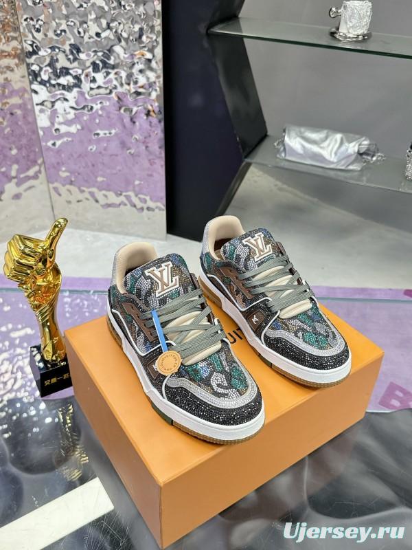 2025 Unisex Louis Vuitton Blue Grey Black Leather Fabric Sneakers Handcrafted Crystals AS00400