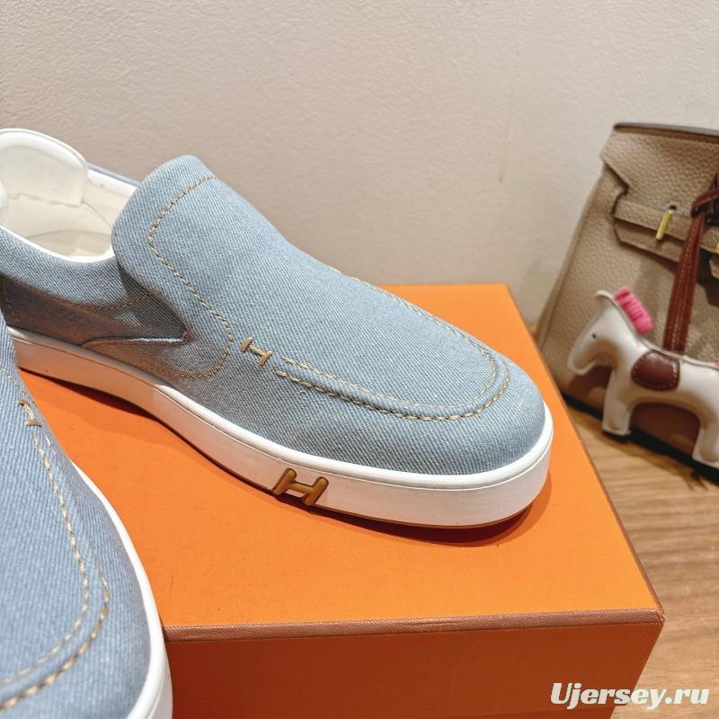 2025 Unisex Hermès Light Blue Canvas Leather Loafers AS00380