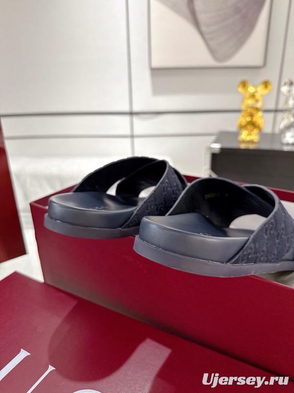 2025 Unisex Gucci Navy Fabric Slippers Double G Embossed AS00240