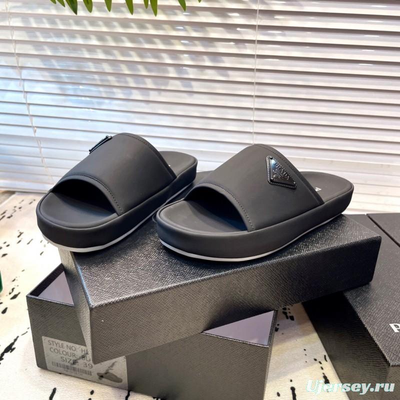 2025 Men Prada Black Fabric Slippers Logo KFY00230
