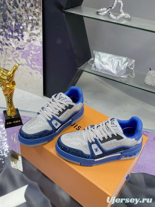 2025 Women Louis Vuitton Blue White Cow Leather Fabric Plimsolls Handcrafted Crystals AS00400