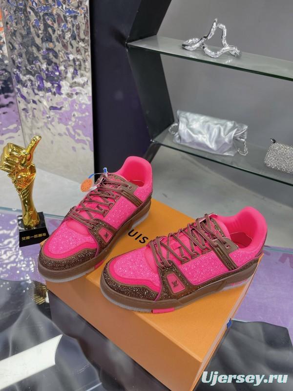 2025 Unisex Louis Vuitton Pink Brown Leather Canvas Plimsolls Handcrafted Crystals AS00400