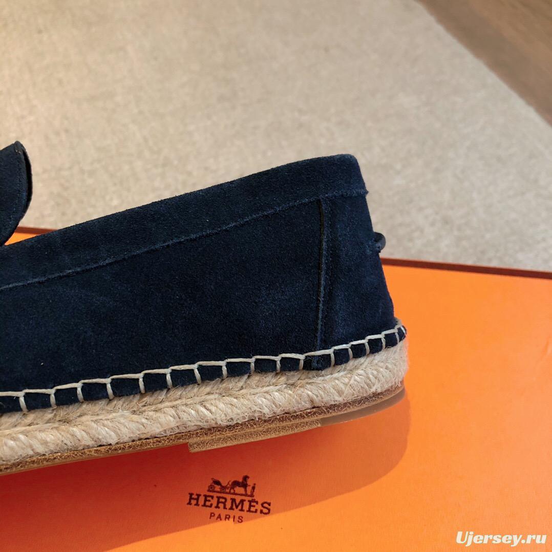 2025 Unisex Hermès Navy Blue Suede Calfskin Loafers AS00380